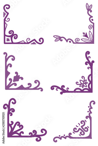 Vintage purple floral frame corner ornament set vector border elements