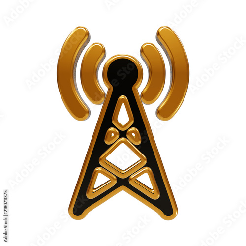 Cuadro en lienzo Golden radio communication tower with signal waves on a transparent background