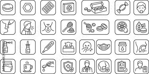 Sore throat cold relief icon set lozenges spray honey tea thermometer mask doctor line art vector.