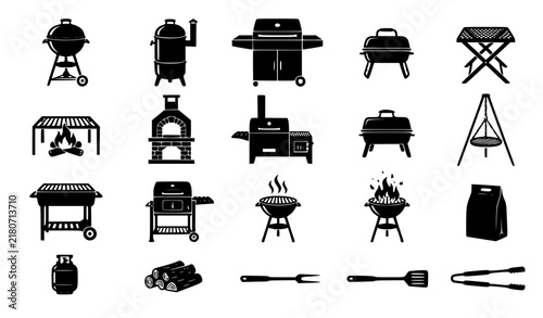 Outdoor Barbecue Grill and BBQ Equipment Black Silhouette Vector Icon Pack