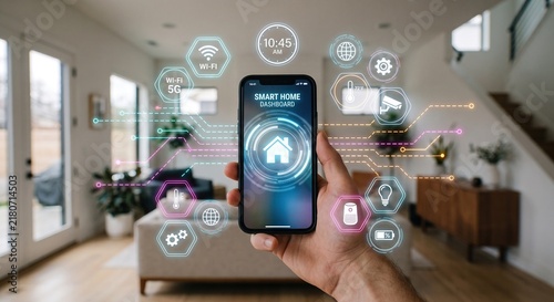 Smartphone with Futuristic Holographic Smart Home IoT HUD in Modern Living Room