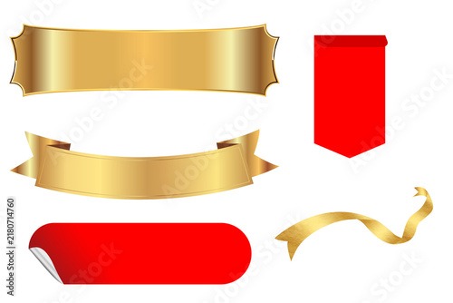 Red price tag sticker set and golden ribbon bow banner collection sale label peel corner element isolated on white background vector illustration
