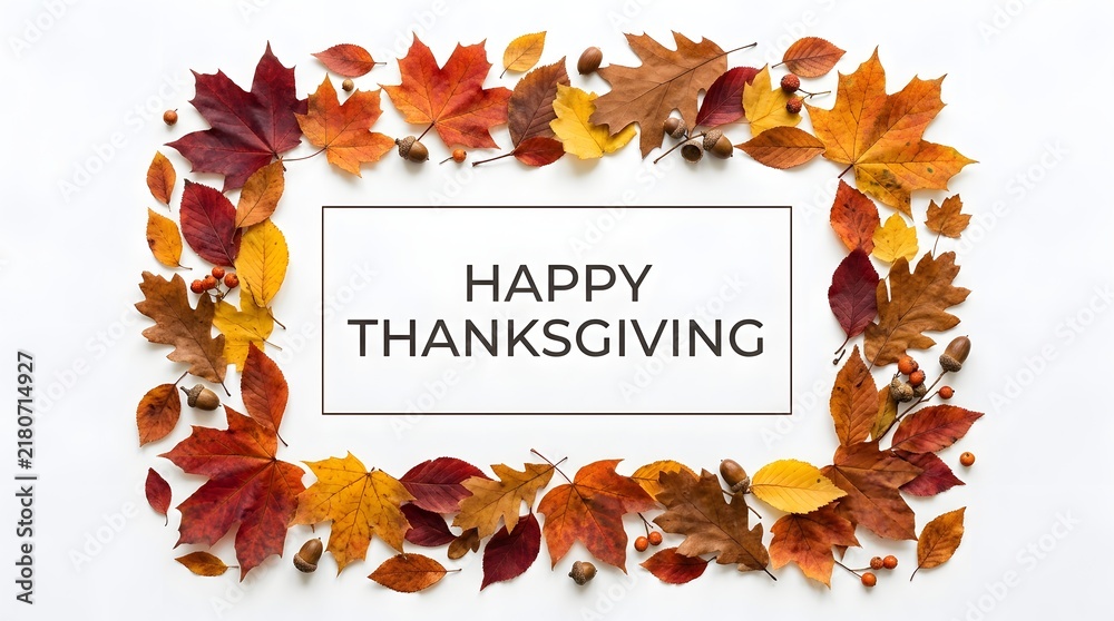 Fototapeta premium Autumn leaves create a festive frame around a blank space for thanksgiving greetings