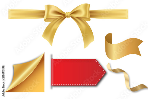 Red price tag sticker set and golden ribbon bow banner collection sale label peel corner element isolated on white background vector illustration