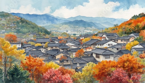 Watercolor Painting Of A Scenic Japanese Village