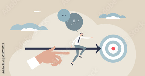Executive coaching goals depicted as a leader riding an arrow guided by a coachs hand toward a bullseye, key objects, arrow, target, hand. Tiny style