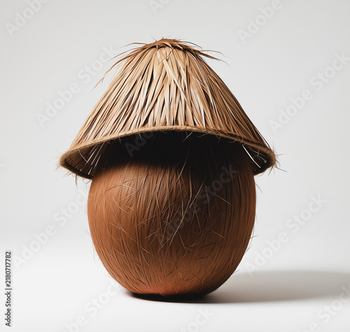 Obraz na płótnie Coconut Wearing a Tiny Pith Helmet on a Jungle Vine