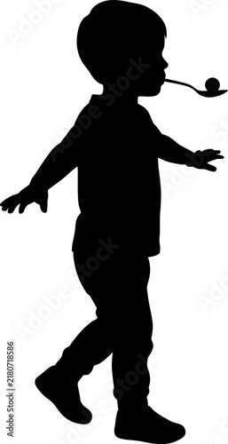Silhouette of Child Balancing Marble on Spoon in Mouth Vector Illustration for Traditional Race Game