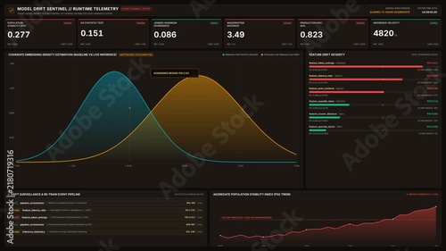 Model drift sentinel runtime telemetry dashboard tracking metrics, for system monitoring, data analysis, performance evaluation, artificial intelligence quality control software