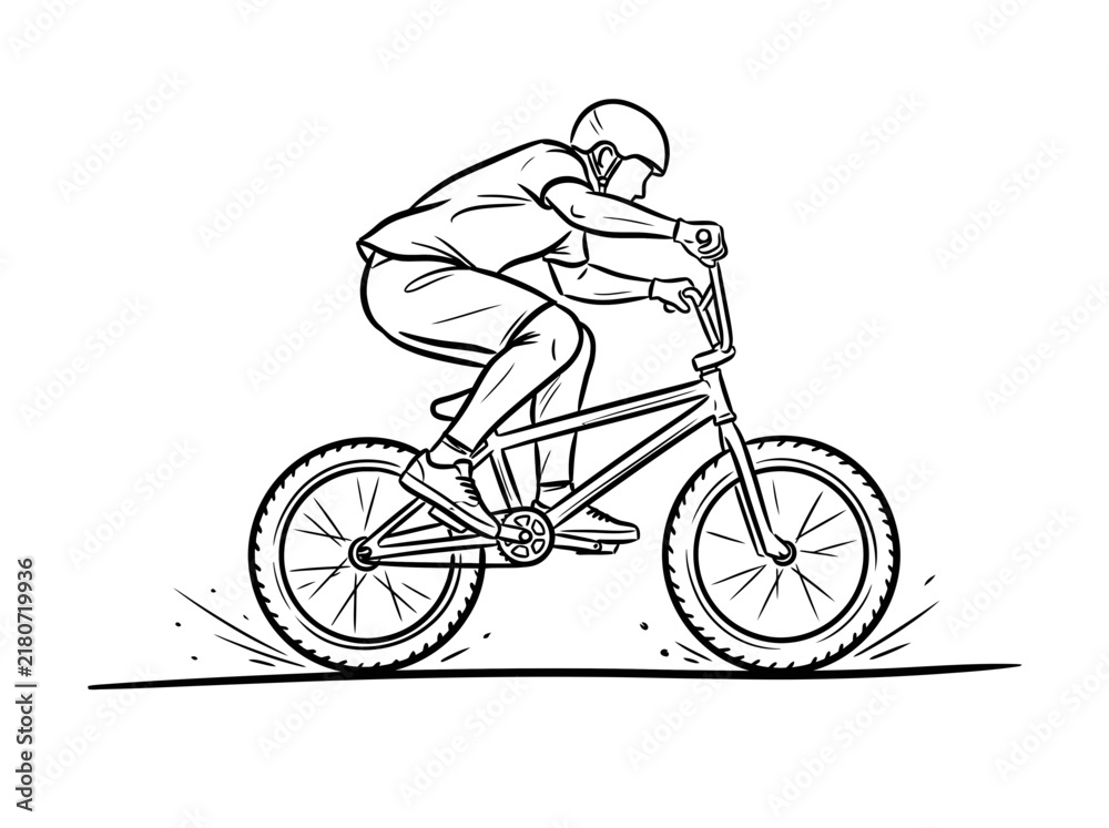 Obraz premium A black and white line drawing of a person riding a BMX bicycle, depicted in motion with a helmet and casual attire.