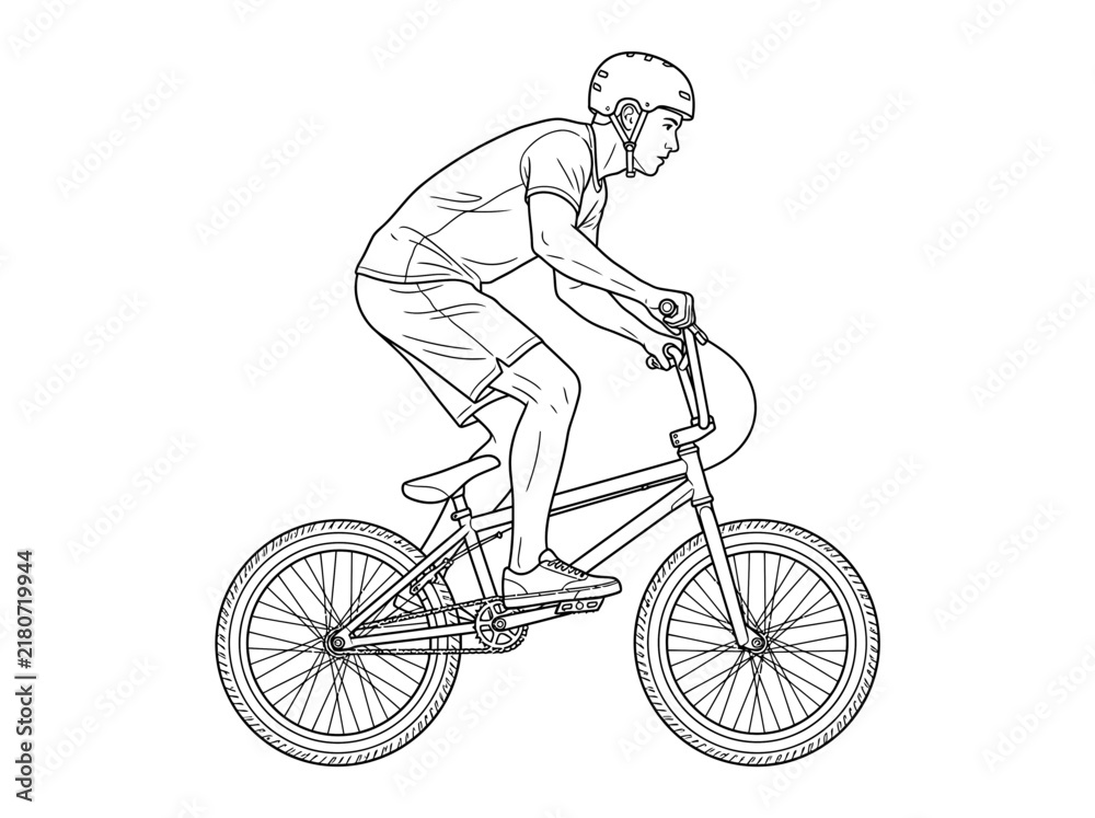 Fototapeta premium A detailed black and white line drawing of a person riding a BMX bicycle, wearing a helmet and shorts.