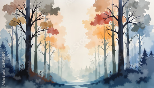 Serene autumn forest landscape with colorful trees and misty river, Watercolor Style  