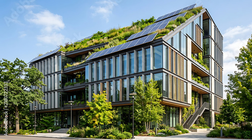 A modern eco-friendly building with solar panels and a green roof surrounded by trees and a blue sky
