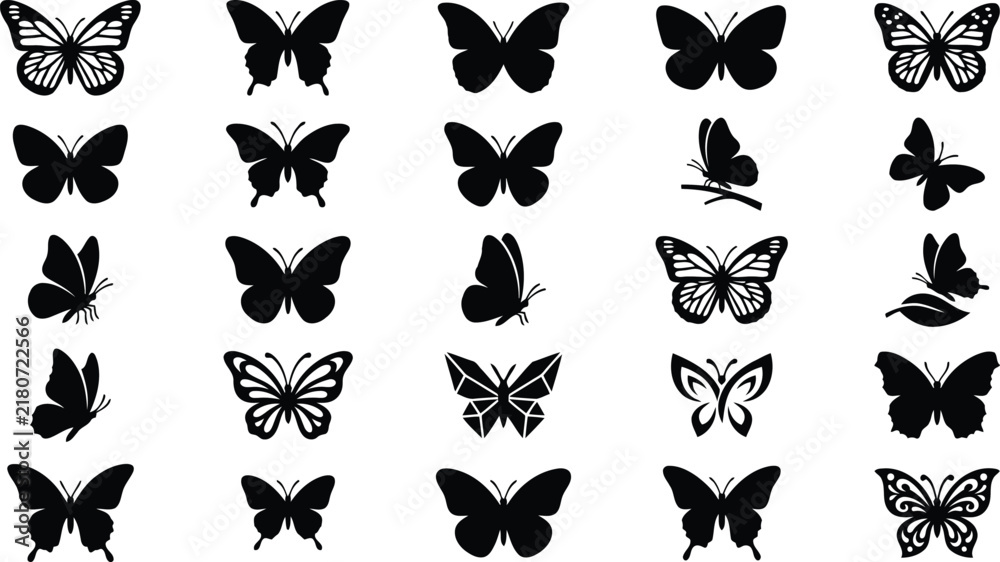 Obraz premium Collection of Black Butterfly Silhouettes on White Background