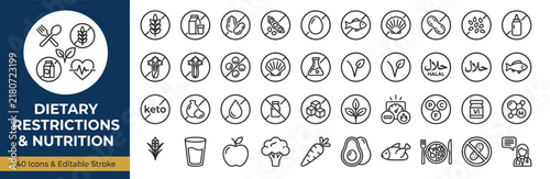 Dietary restriction icons represent various nutritional guidelines, food allergens, and healthy eating habits through clear, standardized symbols for packaging, menus, and wellness applications.