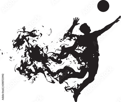 Volleyball player silhouette jumping to hit a ball with abstract ink splash effects