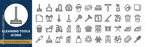 Cleaning tools icons set features forty distinct line art illustrations covering household maintenance, sanitation products, laundry supplies, and hygiene equipment for professional service.