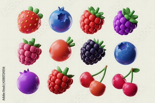 3D Cartoonish Berries Collection Isolated on White Background