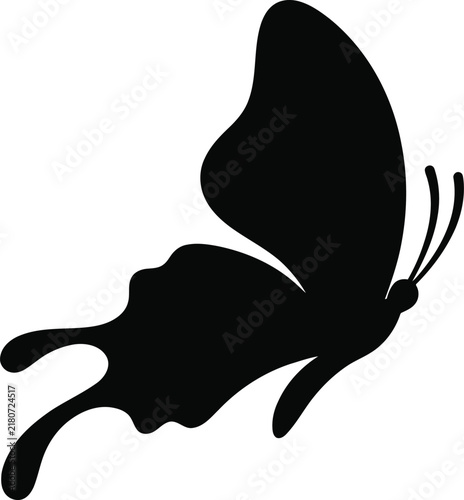 Butterfly in flight, black silhouette, white background