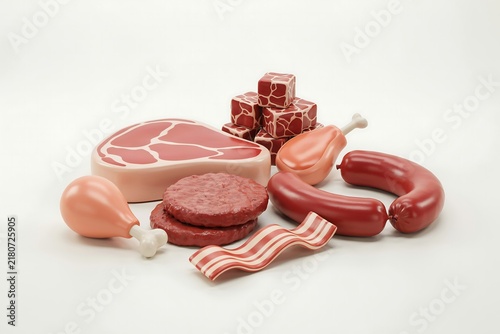 3D Cartoonish Meat Assortment with Different Raw Meat Cuts Isolated on White Background