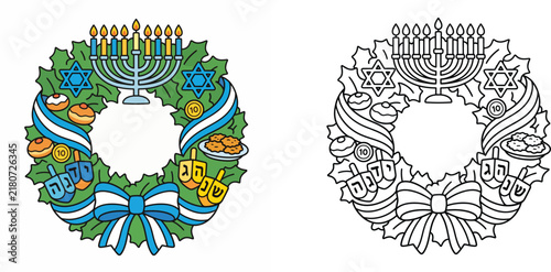 Obraz na płótnie Hanukkah wreath vector illustration and coloring page set with menorah star of david dreidel sufganiyot latkes ribbon for Jewish holiday celebration banner background