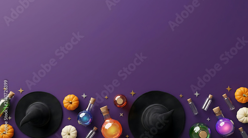 Halloween flat lay background with witch hats, pumpkins and magic potion bottles on purple