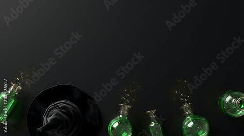 Halloween background with glowing green potion bottles and witch hat on black surface