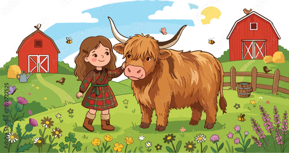 Naklejka premium Girl Highland Cow Red Barn Premium Cartoon Flat Vector Farm Illustration
