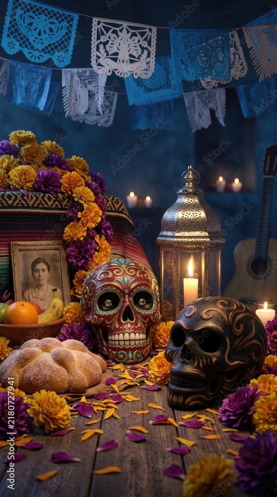 Obraz premium Mexican Day of the Dead, traditional Dia de los Muertos ofrenda celebrating All Souls and Saints holiday, decorated altar with carved skull, sweet bread, burning candle, marigold flower, papel picado.