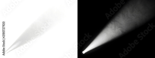 Spotlight bright flashlight beam cuts diagonally through smoky haze with visible dust texture for cinematic design PNG, Transparent and Black Background Versions for editing