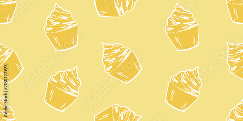 A seamless vector pattern featuring hand-drawn white outlines of cupcakes on a warm sun-yellow background, inspired by Mediterranean and Amalfi coast summer aesthetics.
