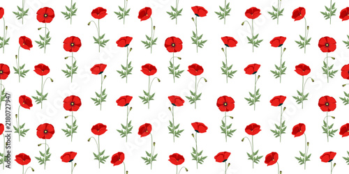 Seamless vector pattern with bright red poppy flowers with green stems and leaves repeating on a pure white background, perfect for textile and wallpaper designs.