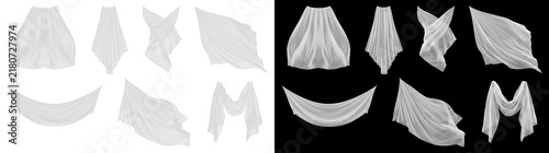 Foto Silk sheer white fabric curtains billow into eight varied flowing draped shapes