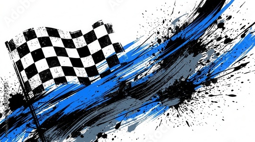 Abstract racing background featuring a black and white checkered flag with blue streaks.