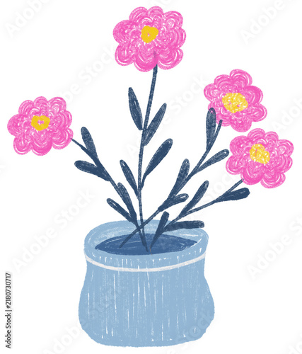 Hand Drawn Pink Flower in Blue Pot Clipart – Cute Floral Doodle Illustration