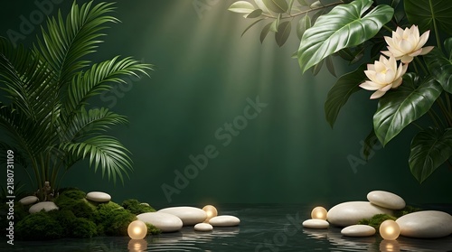 Tropical nature background with lush green foliage, smooth stones, white flowers and warm sunlight creating a peaceful atmosphere