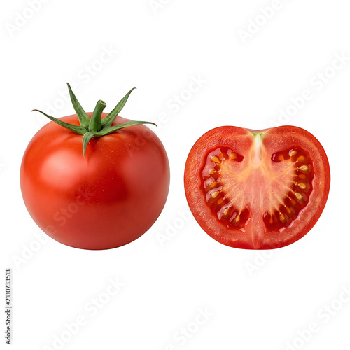 Fresh red tomato and a cut half slice showing seeds inside