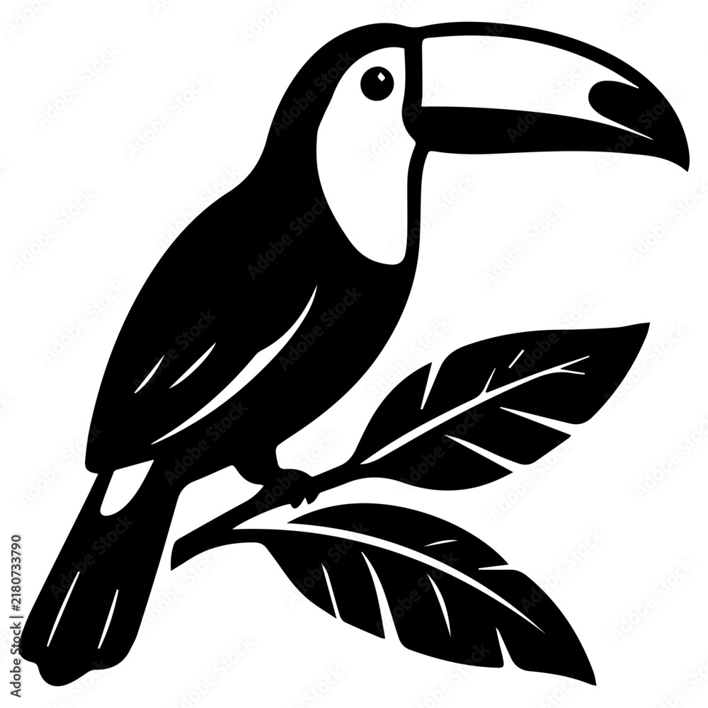Obraz premium A striking black and white illustration of a toucan perched on a branch with leaves, showcasing its iconic large beak and vibrant plumage.