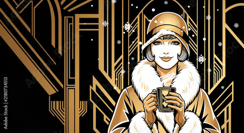 Vintage woman in 1920s fashion holding a drink in art deco style  