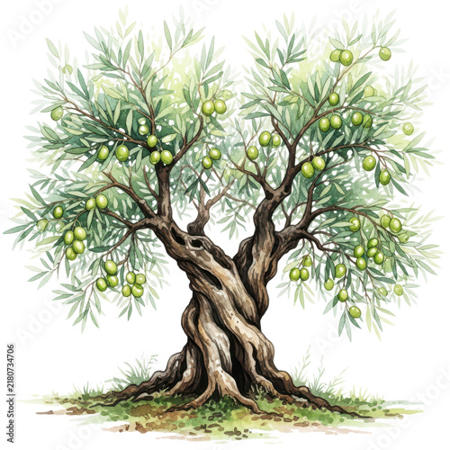 Ancient olive tree with twisted trunk and abundant green olives and leaves, set against a transparent background.
