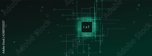 Abstract Digital Concept Featuring Connected IoT Circuitry Lines and Data Transmission Patterns on a Futuristic Dark Green Background