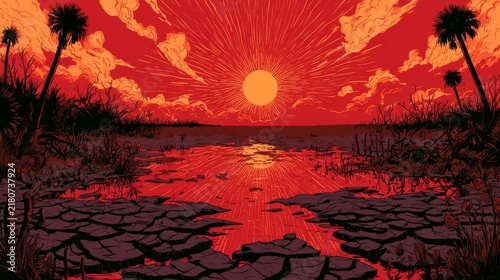 Dramatic Sunset over Marshland with Vibrant Red Sky and Silhouetted Palm Trees Reflecting on Calm Water Surface