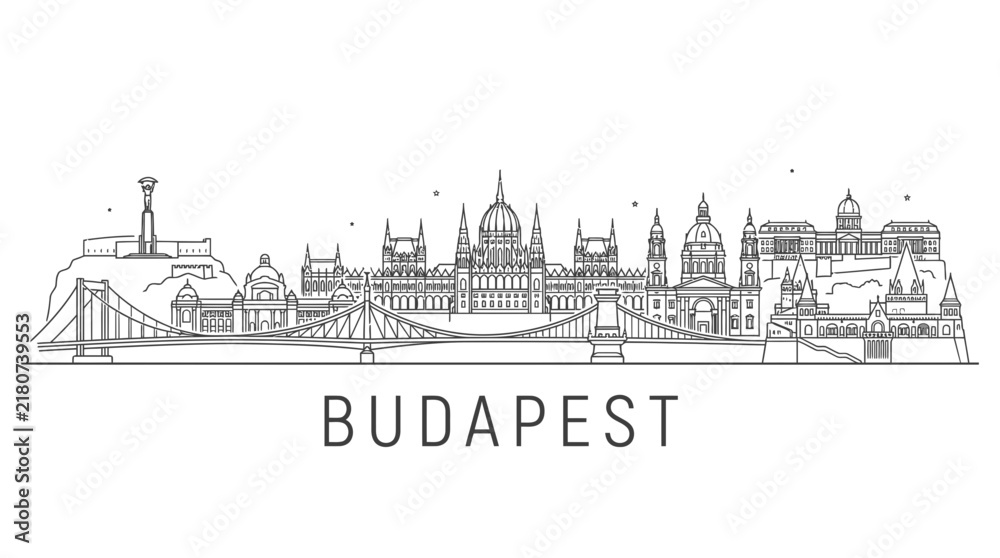 Obraz premium Budapest Hungary skyline line art illustration with landmarks