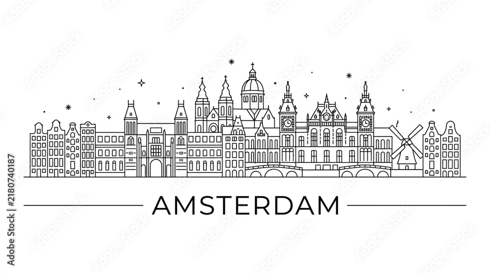 Obraz premium Amsterdam skyline line art on white.