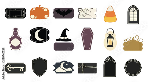 Vintage Halloween labels and spooky vector icons set. Gothic frames with 18 decorative elements. Autumn holiday stickers and occult symbols. isolated PNG with Transparent Background Halloween