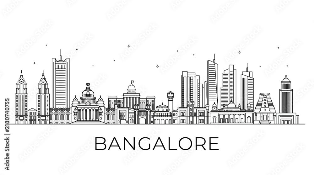 Fototapeta premium Bangalore India city skyline line art illustration.