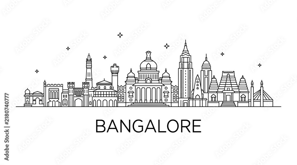 Obraz premium Bangalore India city skyline line art illustration.