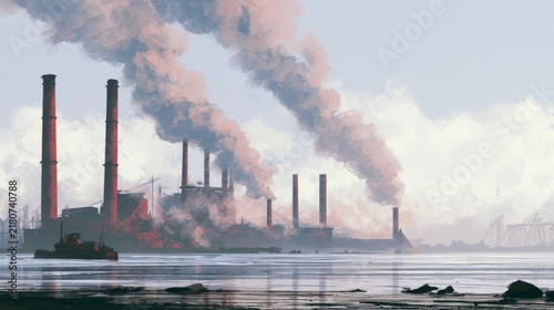 Industrial landscape with smokestacks, clouds of smoke, river reflection, factories, and machinery at dawn in a serene, almost ethereal setting