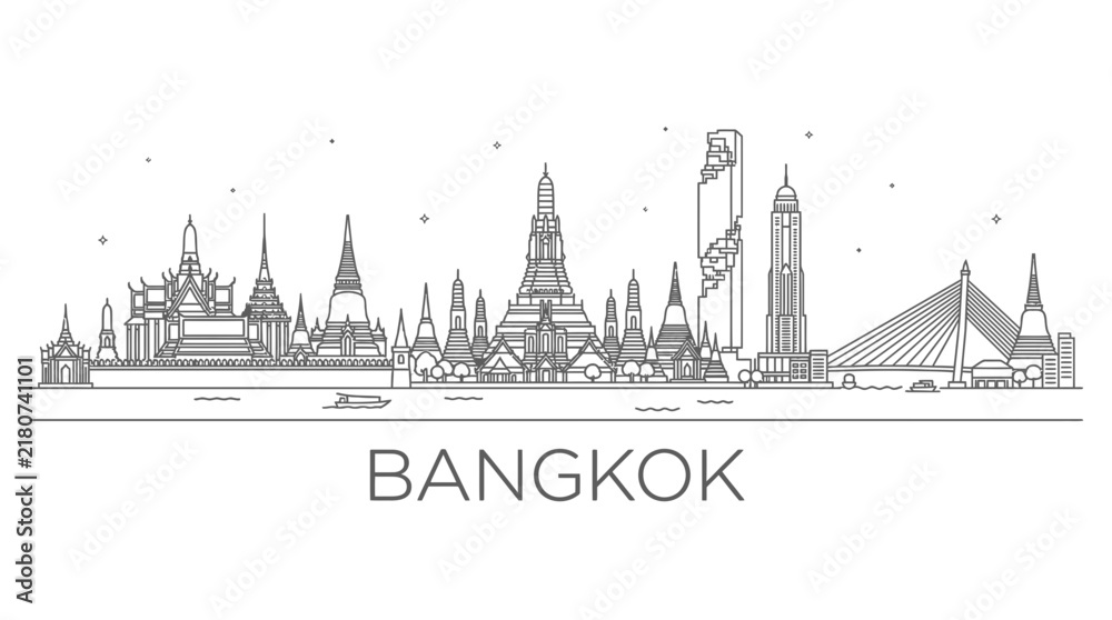 Fototapeta premium Bangkok skyline outline featuring Wat Arun and Grand Palace