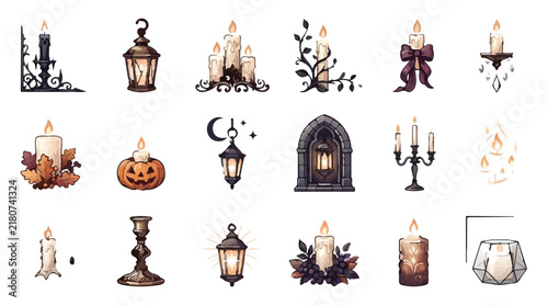 Gothic vintage candle and lantern collection, 18 dark academia light sources, spooky Halloween aesthetic vector set isolated PNG with Transparent Background Halloween , Editable EPS
